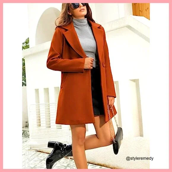 Wool Blend Pea Coat Notched Collar Double Breasted Midi Trench